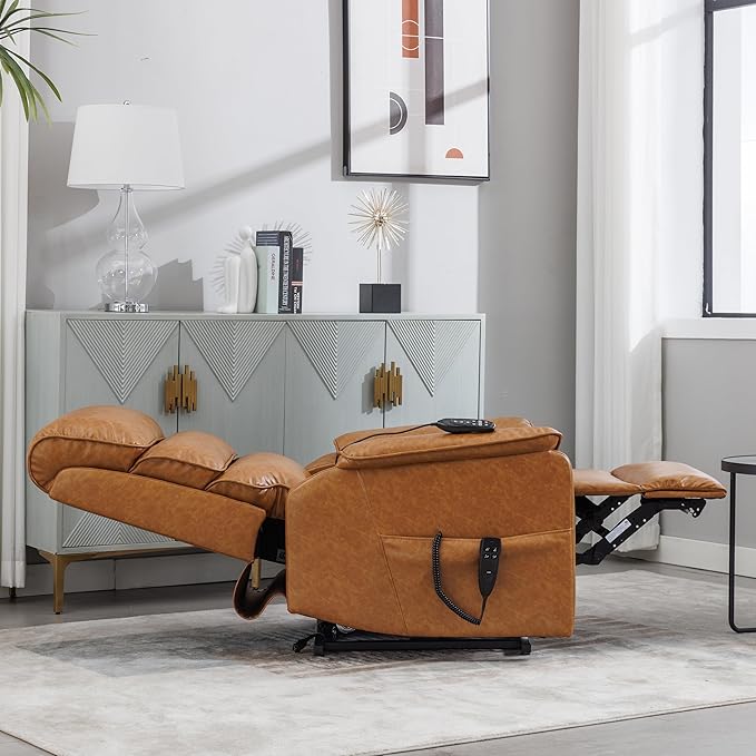 Lay Flat Lift Chair with Heat and Massage, Dual Motor Recliner with Infinite Position, Up to 350 LBS Electric Power Lift, Yellow Brown Leather Recliner