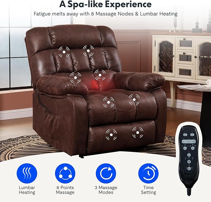 FLEXISPOT XL51 Dual OKIN Motor Power Lift Recliner Chair for Elderly, Lay Flat Sleeper Recliner with Massage & Heat, USB Ports, Faux Leather Reclining Sofa for Living Room Bedroom(Extra Large, Brown)