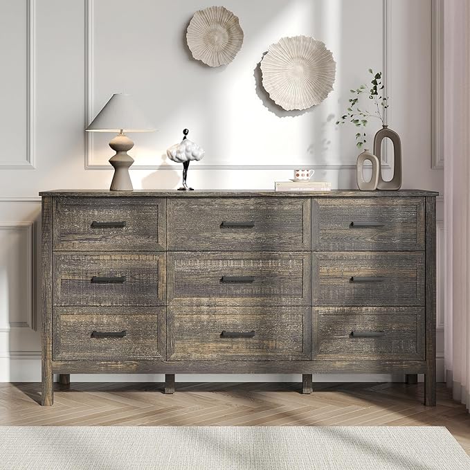 Farmhouse 9 Drawers Dresser for Bedroom, Wood Rustic Wide Chest with Natural Texture, Farmhouse Chest of Drawers for Bedroom, Hallway, Entryway, Dark Brown