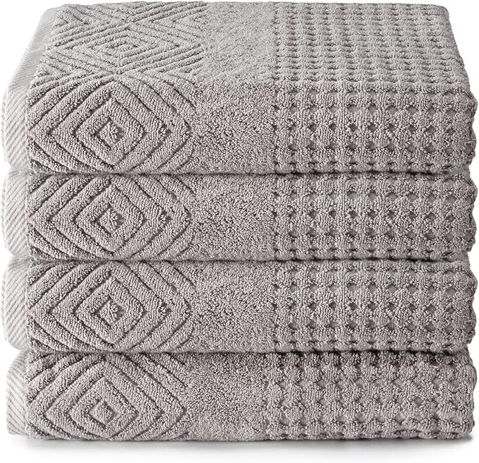 Texere 100% Organic Cotton Diamond Jacquard 700 GSM Luxury Bath Towel Sets - Ultra Soft and Absorbent Hotel and Spa Quality (Diamond, Cathedral Gray, 4 Bath Towels)