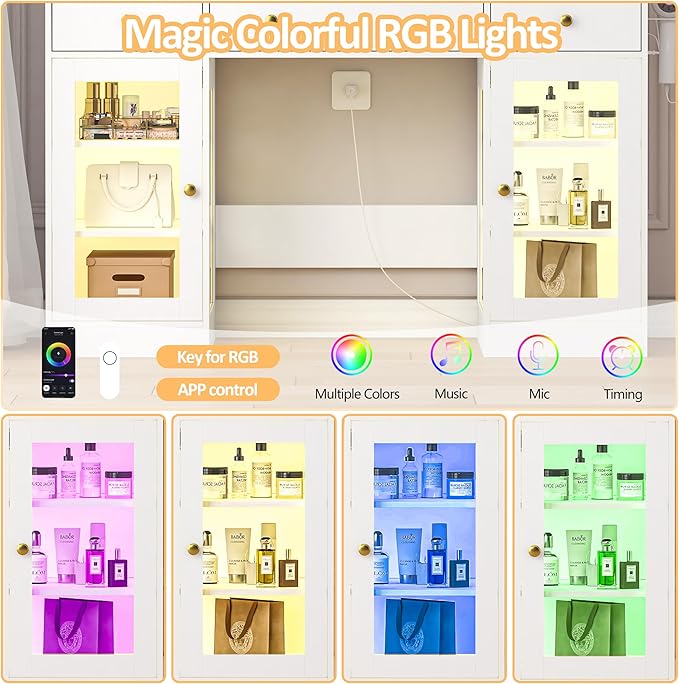 Vanity Desk with Mirror and Lights, Large Makeup Vanity Set with Power Outlet & RGB Glass Cabinet, 3 Drawers, White Vanity Mirror with Lights Dressing Table for Girls Women, 3 Color Modes