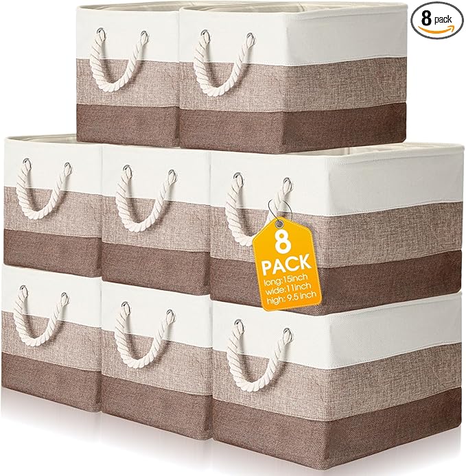 meekoo 8 Pack Collapsible Storage Bins Fabric Storage Bins Polyester Fabric Baskets with Handles Linen Closet Organizer for Shelf Home Closet Towels Toys(15 x 11 x 9.5 in,Mixed Beige)