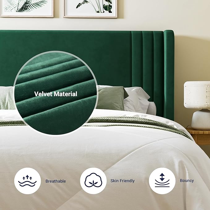 Allewie Queen Size Velvet Platform Bed Frame with Vertical Tufted Wingback Headboard, Easy Assembly, Under Bed Storage, No Box Spring Required, Modern Style, Green