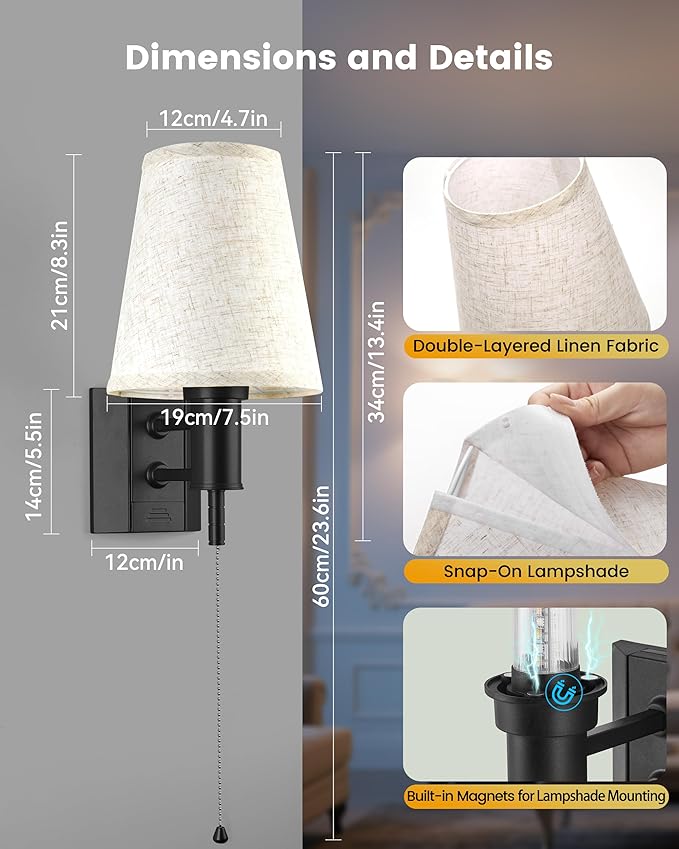 Rechargeable Battery Operated Wall Sconces Set of 2, Wireless LED Wall Lights with Remote & On/Off Pull Chain, Wall Mounted Lamp Lighting Fixture Decor for Bedroom Living Room, Matte Black