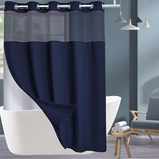 Conbo Mio No Hook Waffle Weave Shower Curtain with Snap in Liner Set, Hotel Luxury Navy Blue Shower Curtains for Bathroom with See Through Top Window, Waterproof, Washable 71W x 74H