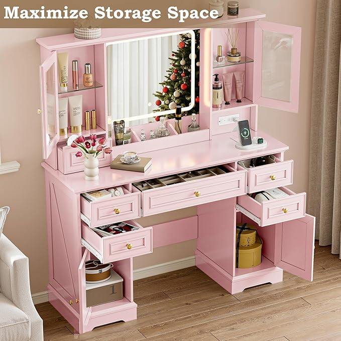 Vanity Desk with Lights, Large LED Mirror with 3 Color Modes, Makeup Vanity with Power Outlet & USB Ports, 6 Drawers & 2 RGB Glass Cabinets, Farmhouse Dressing Table for Women & Girls (Pink)