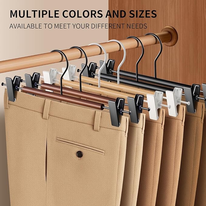 Wooden Pants Hangers with Clips 20 Pack Adjustable Wood Skirt Hangers for Women&Men Space Saving Closet Non Slip Clothes Hanger for Jeans,Trousers,Short,12Inch Black