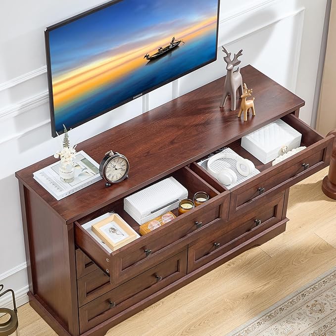 LIDYUK 8 Drawer Cherry Wood Dresser for Bedroom Farmhouse Dresser Chest of Drawers, 55" Wide Clothes Organizer Wood Chest of Drawers for Bedroom, Living Room