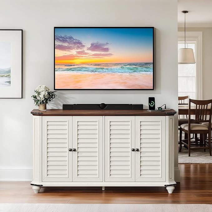 DWVO Farmhouse TV Stand for 60 Inch Television, 30.7" Tall Entertainment Center w/Adjustable Shelves, Wood 4 Shutter-Doors Buffet Sideboard Cabinet, Rustic Media Console Cabinet for Living Room, White