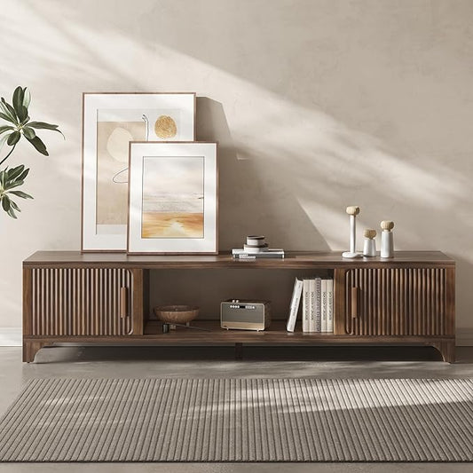 Mid Century Modern TV Stand for 70/75 Inches Television, TV Console with Fluted Doors and Storage, Entertainment Center for Living Room and Bedroom, Dark Brown