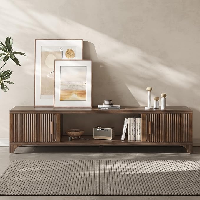 Mid Century Modern TV Stand for 55/65 Inches Television Console with Fluted Doors and Storage Entertainment Center for Living Room and Bedroom Dark Brown