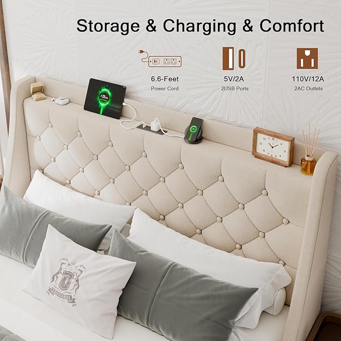 Upholstered Queen Bed Frame with 4 Storage Drawers, Modern Platform Bed with Wingback Headboard, Charging Station, No Box Spring Needed, Beige