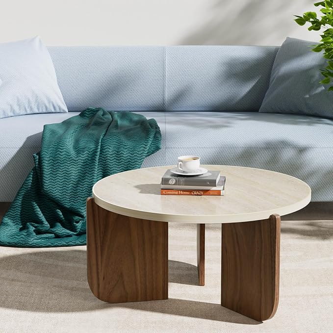 Round Travertine Texture Coffee Table, 28 inch Stone Coffee Table, Modern Design, Durable, Minimalist
