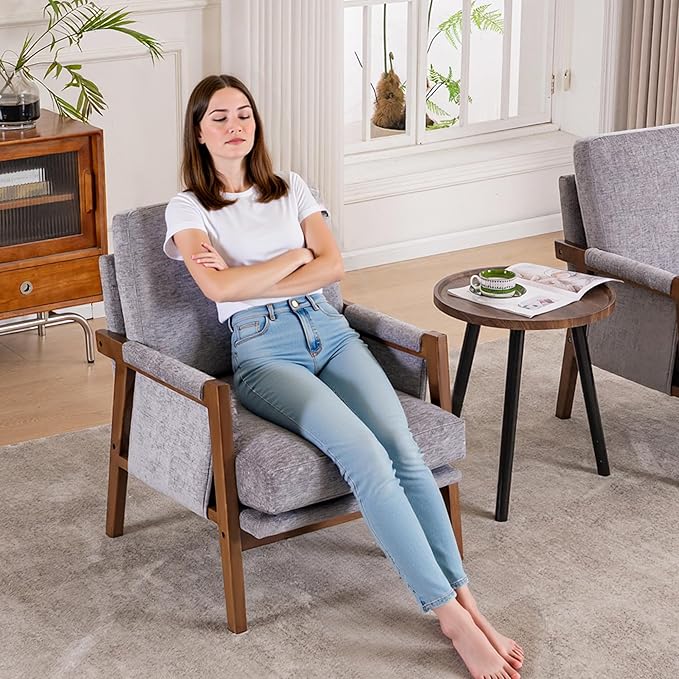 Mid Century Modern Accent Chair with Wood Frame, Upholstered Living Room Chairs with Wide Armrest, Chenille Fabric Lounge Reading Arm Chair for Bedroom, Reading Room, Balcony, Gray