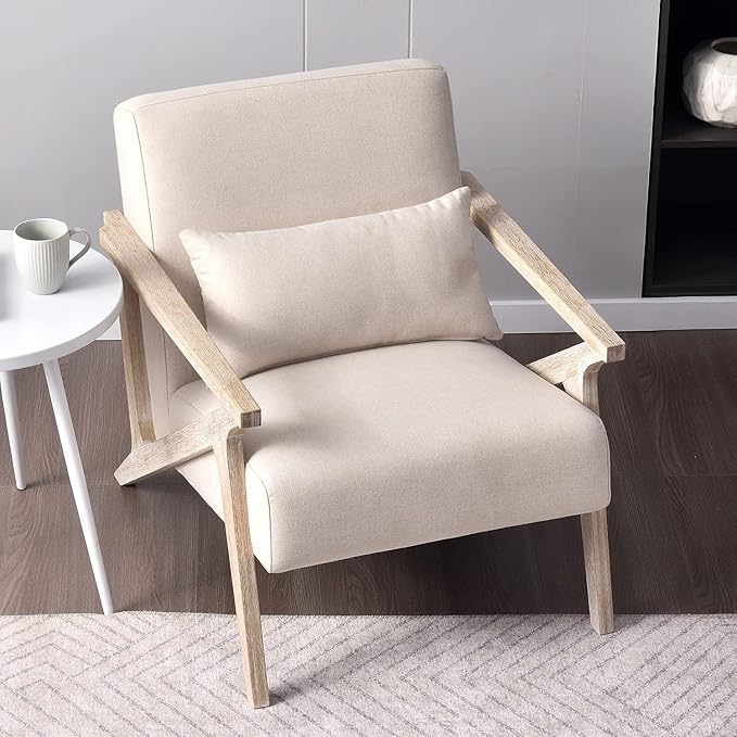 INZOY Mid Century Modern Accent Chair Set of 2 with Wood Frame, Upholstered Armchair with Waist Cushion, Accent Chair for Living Room Bedroom Apartment, Easy Assemble, Beige