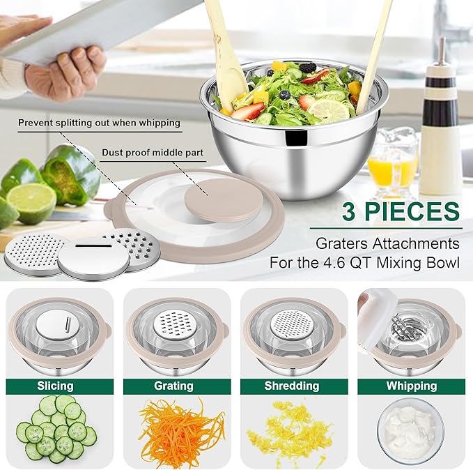 E-far Mixing Bowls with Lids and Graters, Stainless Steel Salad Mixing Bowl with Transparent Lid Set of 3, Metal Nesting Salad Storage for Kitchen Prepping/Serving/Baking, 4.6/2.6/1.5QT - Colorful