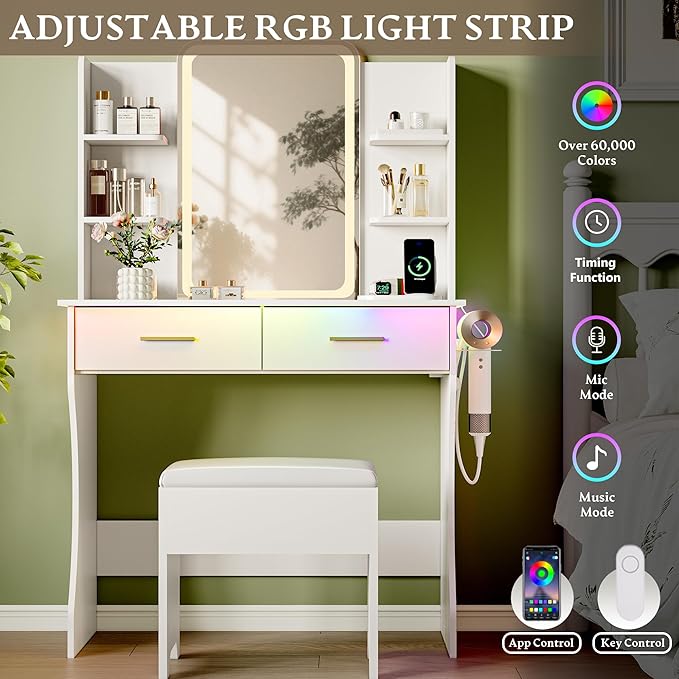 White Makeup Vanity Desk with Mirror and Lights, Small Vanity Table Set with Power Outlet, Dressing Table with 2 Drawer & 4 Storage Shelves, Adjustable RGB Lighting, Includes Chair for Girl’s Bedroom