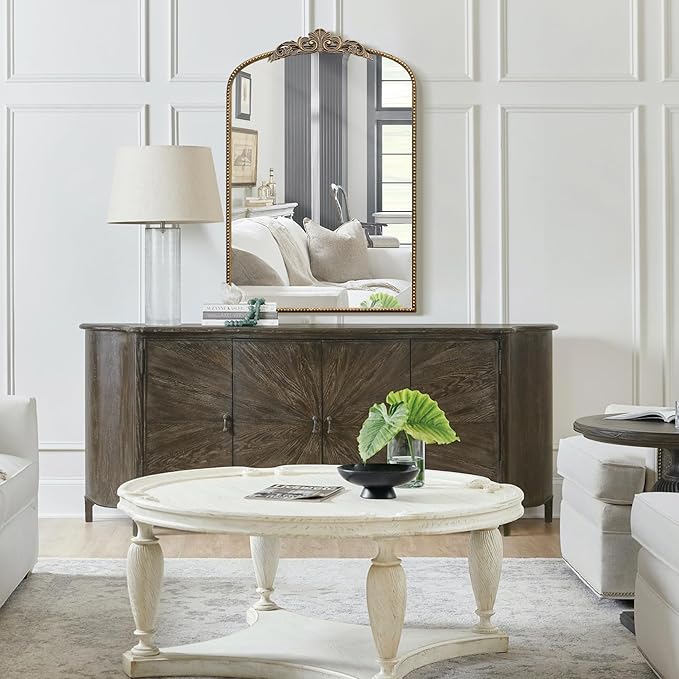 Micasso Antique Gold Ornate Mirror, 24 x 36 Inches Arched Baroque Style Mantel Wall Mirror for Bathroom, Vanity, Living Room