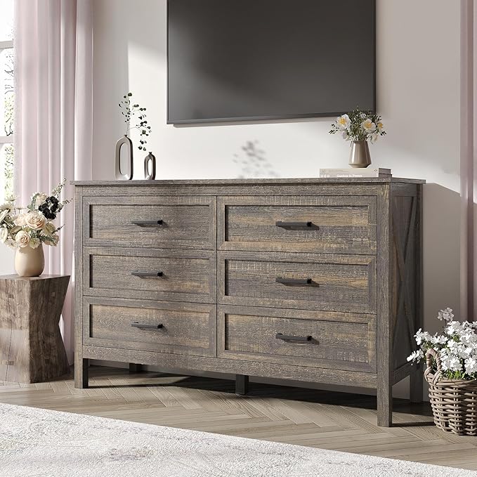 Farmhouse 6 Drawers Dresser for Bedroom, Wood Rustic Wide Chest with Natural Texture, Farmhouse Chest of Drawers for Bedroom, Hallway, Entryway, Dark Brown