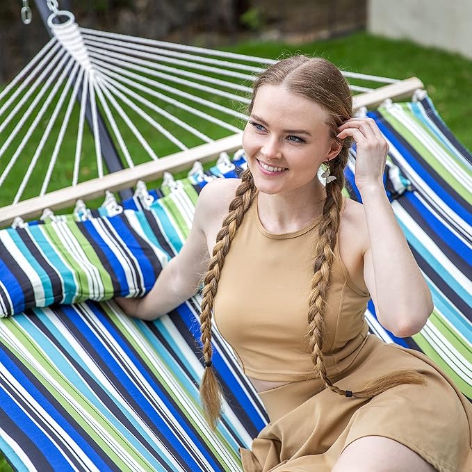 SUNCREAT 2 Person Hammocks for Trees, Lightweight Hammock for Outdoor, Patio, Garden, Backyard, Green Stripes