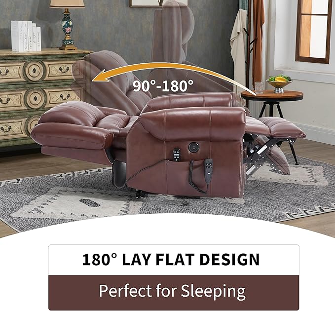 Dual Motor Power Lift Chair, Lay Flat Recliner Chair, Electric Recliner with Massage and Heat for Elderly, Remote Control, Infinite Position, Standing Assistance, USB Ports (Red, Genuine Leather)