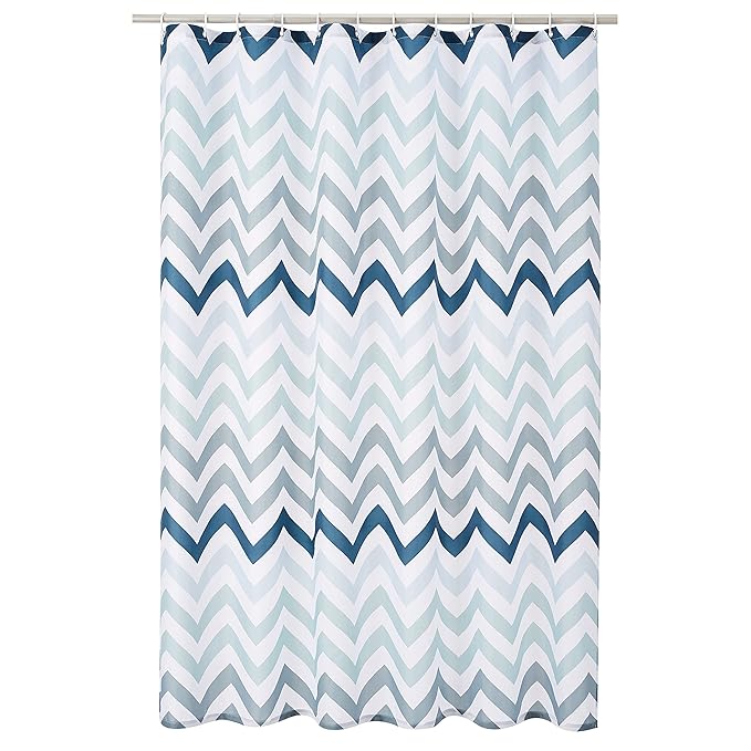 Amazon Basics Bathroom Shower Curtain, Water Resistant Fabric with Grommets & Hooks, Machine Washable, 72"x72" , Blue Ombre Chevron