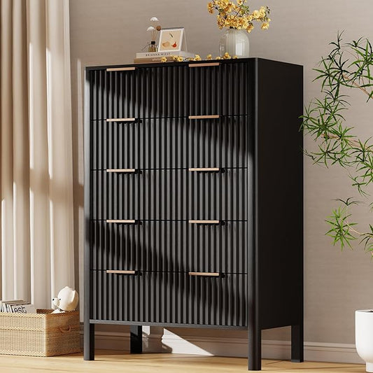 47" Tall Dressers for Bedroom Fluted 5 Drawer Dresser, Wooden Dresser Modern Chest of Drawers Dressers with Organizer Storage for Bedroom, Living Room, Entryway, Black