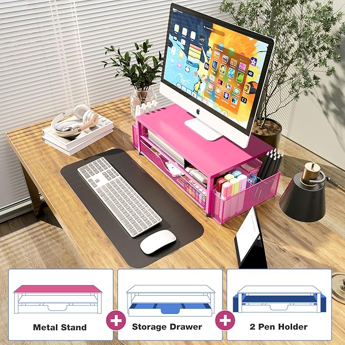 Desk Organizer and Accessories, 2-Tier Computer Monitor Stand with Drawer and 2 Pen Holders, Laptop Stand, Office Desk Accessories for Office Supplies, Carmine Rose