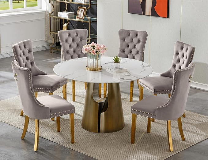 7-Piece Faux Marble Round Dining Table Set for 6, Modern Luxury Kitchen Table Set for 6 with Grey Tufted Chairs,Circle Dining Tables with White Marble Grain Top and Bronze Pedestal Base