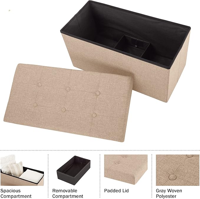 Folding Storage Ottoman - 30-Inch Tufted Footrest, Linen Chest, or Bench with Removable Bin for Living Room, Bedroom, or Dorm by Lavish Home (Beige)