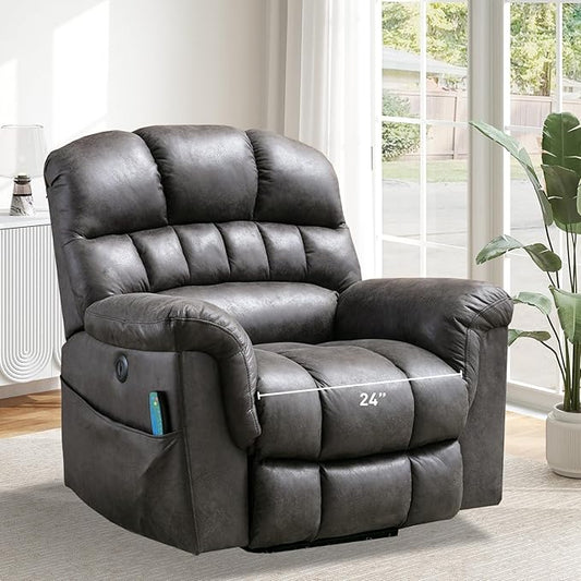 Bonzy Home Power Lift Chairs Recliner for Elderly, Electric Recliner Chair with Heat and Massage, 24" Wide Seat for Big People, Comfortable Backrest, Faux Leather, USB Charging Ports, Grey