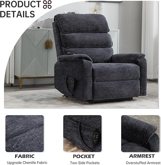 Lay Flat Lift Chair with Heat and Massage, Dual Motor Recliner, Infinite Position, Up to 350 LBS, Dark Grey, Chenille Fabric