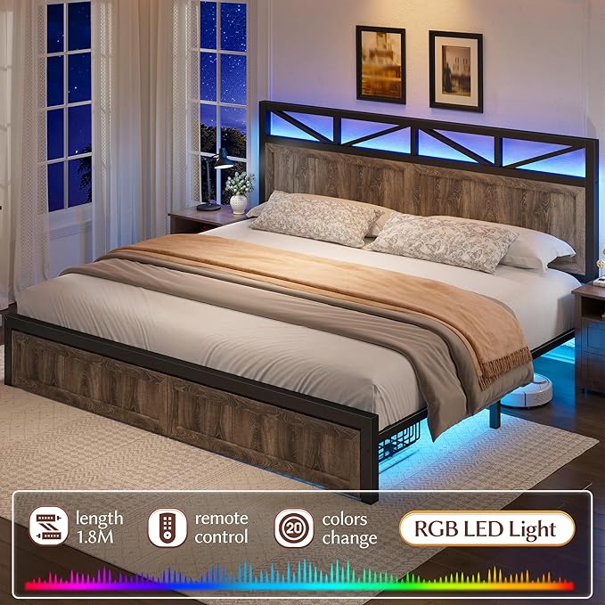 EnHomee King Size Bed Frame with Headboard and Storage, 2 Drawers & LED Light Farmhouse King Bed Frame Built in Charging Station,NO Noise,No Box Spring Needed,Grey