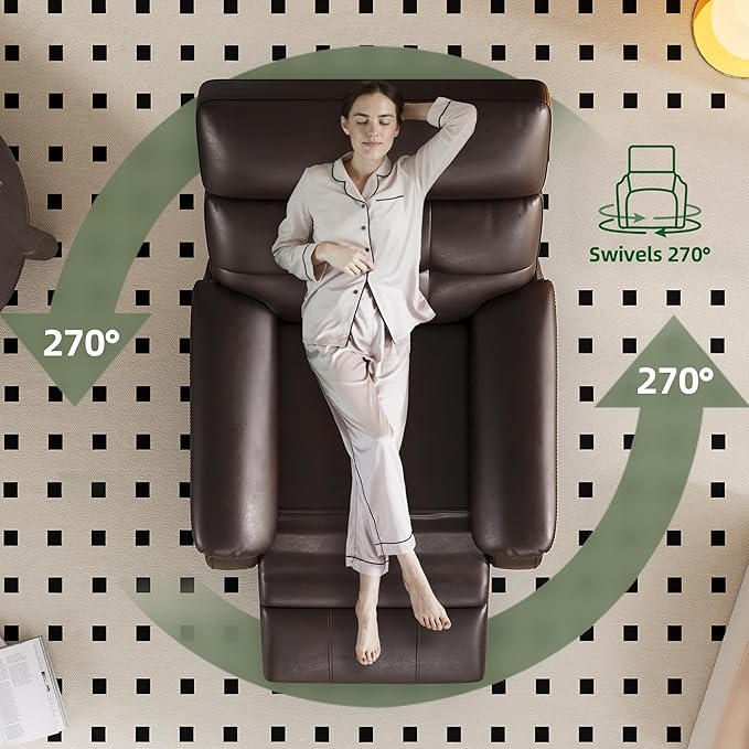 Claiks Power Swivel Rocker Recliner Chair, Oversized Recliner Chairs for Adults, PU Leather Overstuffed Reclining Chair with USB and Type-C Ports for Living Room, Dark Brown