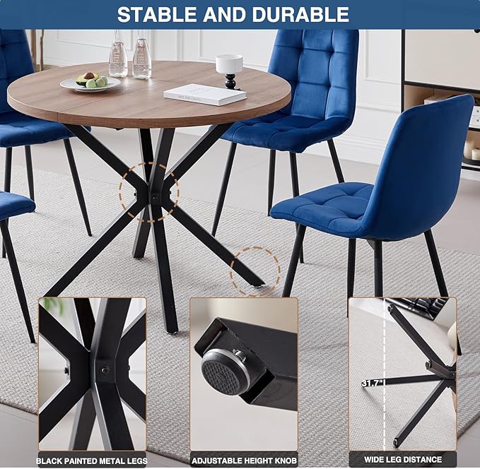 39" Round Dining Table Set for 4, Mid Century Kitchen Table with 4 Velvet Dining Chairs for Apartment Living Room Space Saving