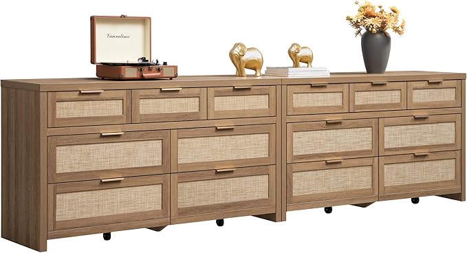 SICOTAS 7 Drawer Dressers for Bedroom Set 2, Long Rattan Dresser, Dresser TV Stand, Closet Organizer Chest of Drawers, Clothes Storage Dressers (Reclaimed Caramel Oak, 7 Drawers (2 pcs))