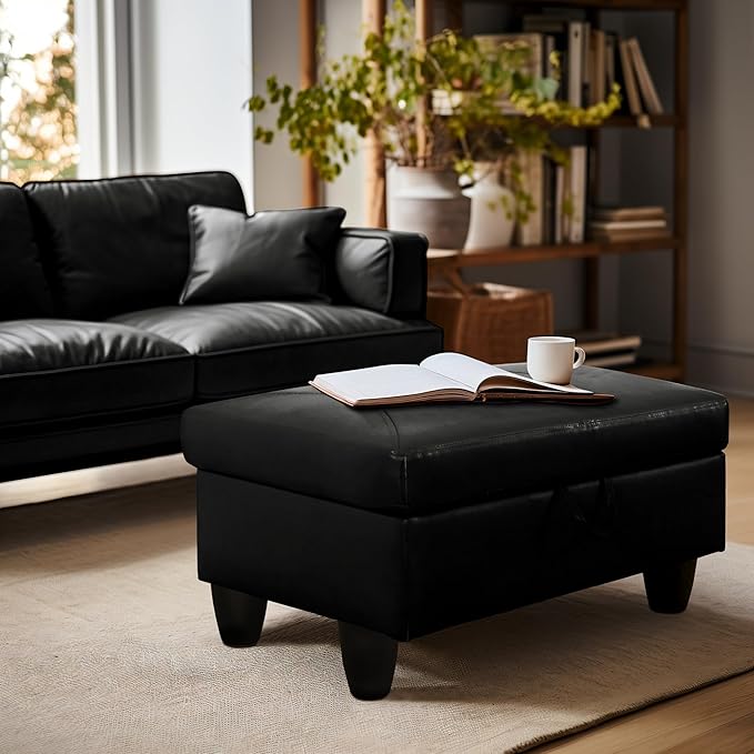 Ottoman Rectangular Storage Ottoman Bench, Faux Leather Footrest, Coffee Table, Stool Footstool with Hinged Lid for Living Room, Bedroom, Entryway, Black, 28.5"x19"x17.5"