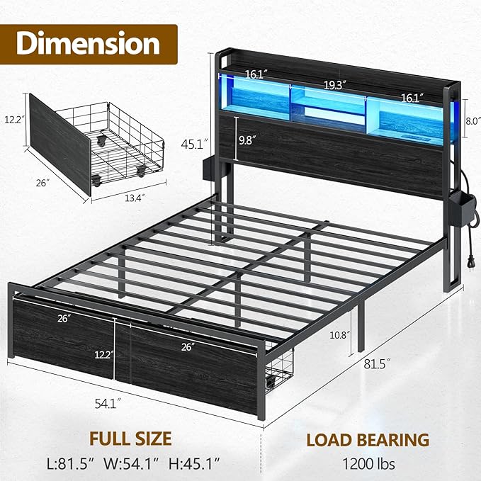Furnulem Full Size Bed Frame with Wood Headboard, Metal Platform Bed Frame Full Size with 2 Storage Drawers and Shelf, LED Lights and Charging Station, No Box Spring Needed, Noise Free, Black