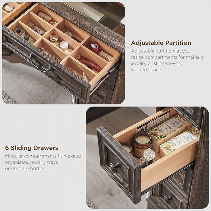 T4TREAM Makeup Vanity Desk with 48" HD Lighted Mirror, Farmhouse Vanity Table with 8 Drawers, Vanity Desk with 3 Color Modes, Dressing Table with Glass Top and Power for Bedroom(Dark Rustic Oak)