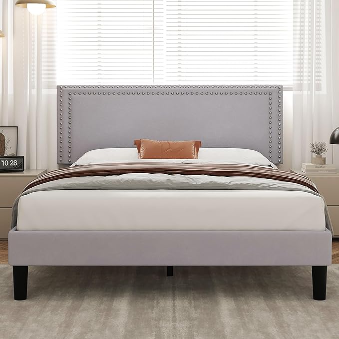 VECELO Full Size Bed Frame with Adjustable Upholstered Headboard, Wooden Slats Platform, Noise-Free Design, Easy Assembly