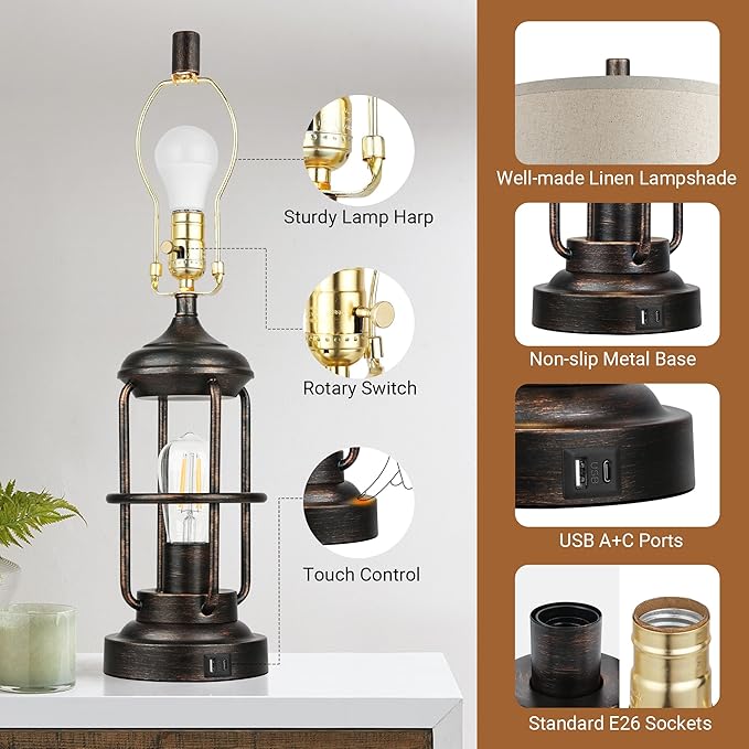 QiMH Table Lamp for Living Room with USB A+C Ports, Farmhouse Bedside Lamp with Nightlight, 3-Way Dimmable Touch Control, Retro Industrial Nightstand Lamp for Bedroom, Bulbs Included, Bronze