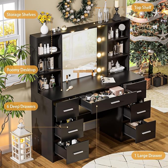 Large Vanity Desk with Mirror, 10 Lights and Power Outlet, Makeup Vanity with Shelves and 7 Drawers, Vanity Desk Dressing Table with 3 Color Light Adjustable, Vanity Table for Bedroom (Black)