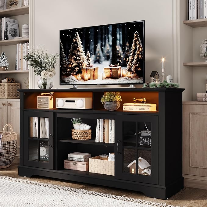 LINSY HOME TV Stand for 65 Inch TV, 32" Tall Entertainment Center with LED Lights and Glass Door Storage Cabinet, Modern Farmhouse TV Media Console Table for Living Room, Black