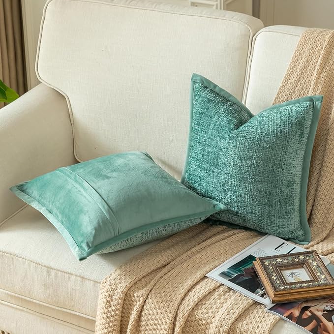 Yaertun Pack of 2 Chenille Textured Decorative Throw Pillow Covers Accent Solid Cushion Cover Soft Cozy Pillow Case with Velvet Back for Couch Sofa Bed Living Room 24x24 Inch Teal