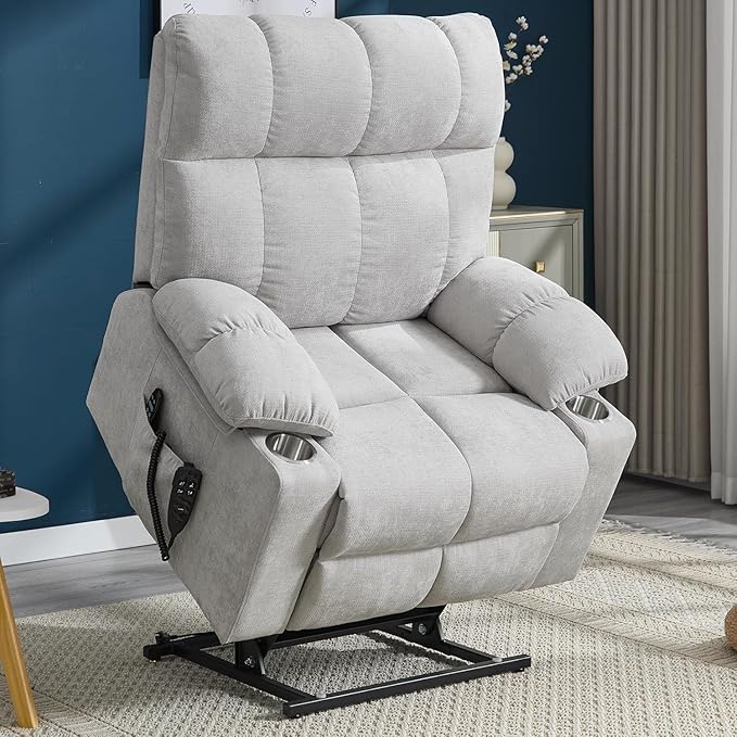Dual Motor Power Lift Chairs for Elderly, Electric Lay Flat Recliner Chair with Vibration Massage Heat, Extra Wide Recliner Chair for Living Room with Cup Holders, Chenille Fabric - Beige