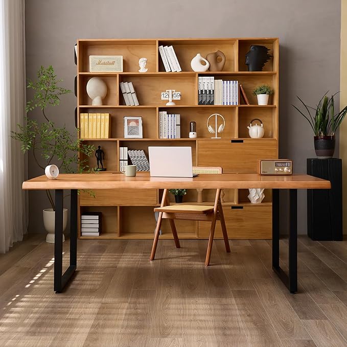 Stylish Solid Wood Office Desk with Sturdy Metal Base - Durable Multi-Size Executive Computer & Dining Table - Perfect for Home Office & Work Environments (Brown, 70.87in)