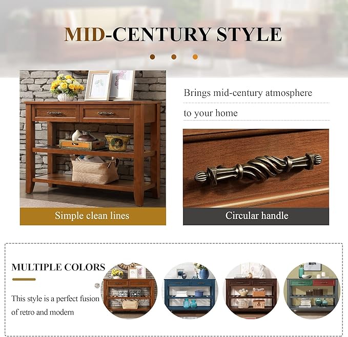 42inch Mid-Century Wood Console Table with 2 Drawers and 2 Bottom Shelf Sofa Table Solid Wood Sideboard(Brown)