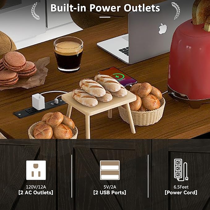 Farmhouse Roling Kitchen Island Cart with Drop Leaf Breakfast Bar with Power Outlet, Storage Island Table on Wheels with Drawers, Spice Rack(Black)