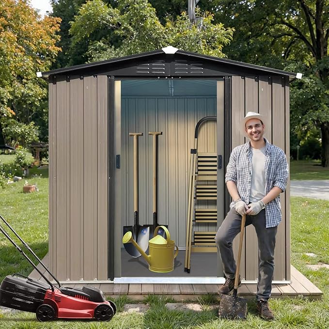 6 x 4 FT Outdoor Storage Metal Shed, Bike Garden Tool Shed with Slooping Roof, Lockable Doors and Aluminum Frames, Shed Easy to Assemble for Garden, Patio, Lawn, Brown