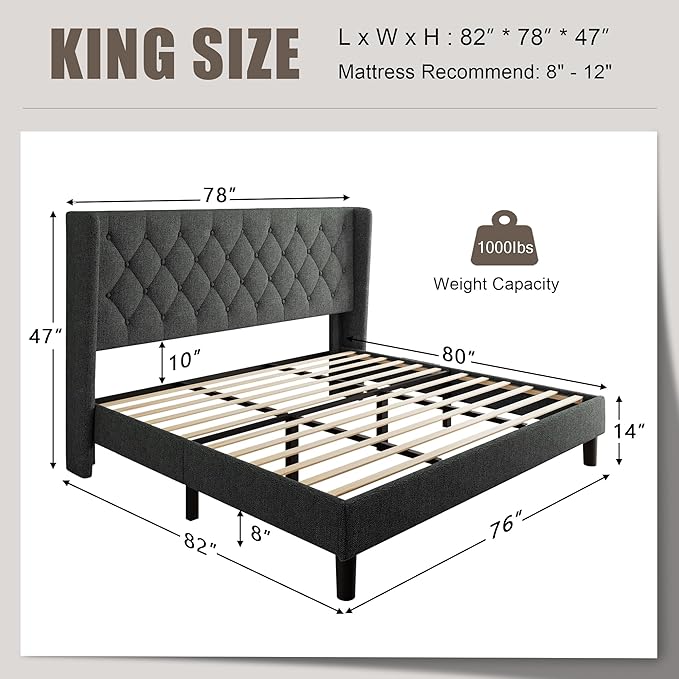 King Size Upholstered Bed Frame with Wingback Headboard, Fabric Linen Platform Bed, 8" Under Bed Storage, Wooden and Metal Slats Support, No Box Spring Needed, Noise Free, Dark Grey